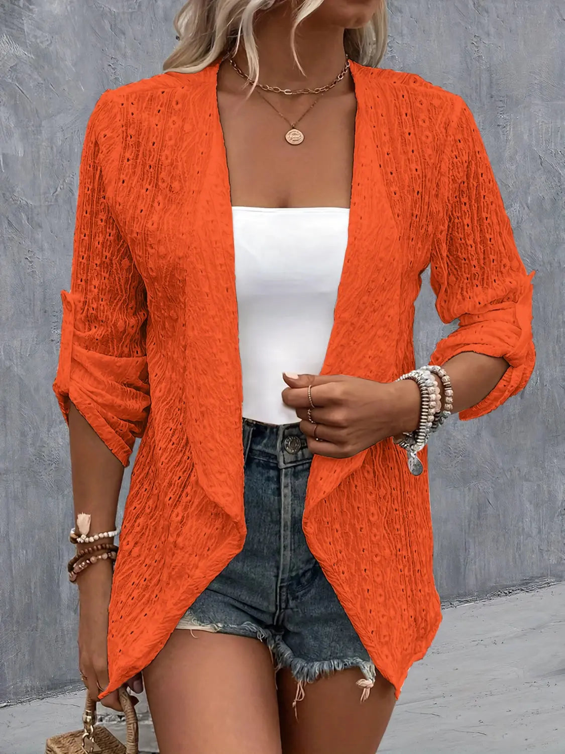 Eyelet Roll-Tab Sleeve Cardigan - Be Bliss Boutique