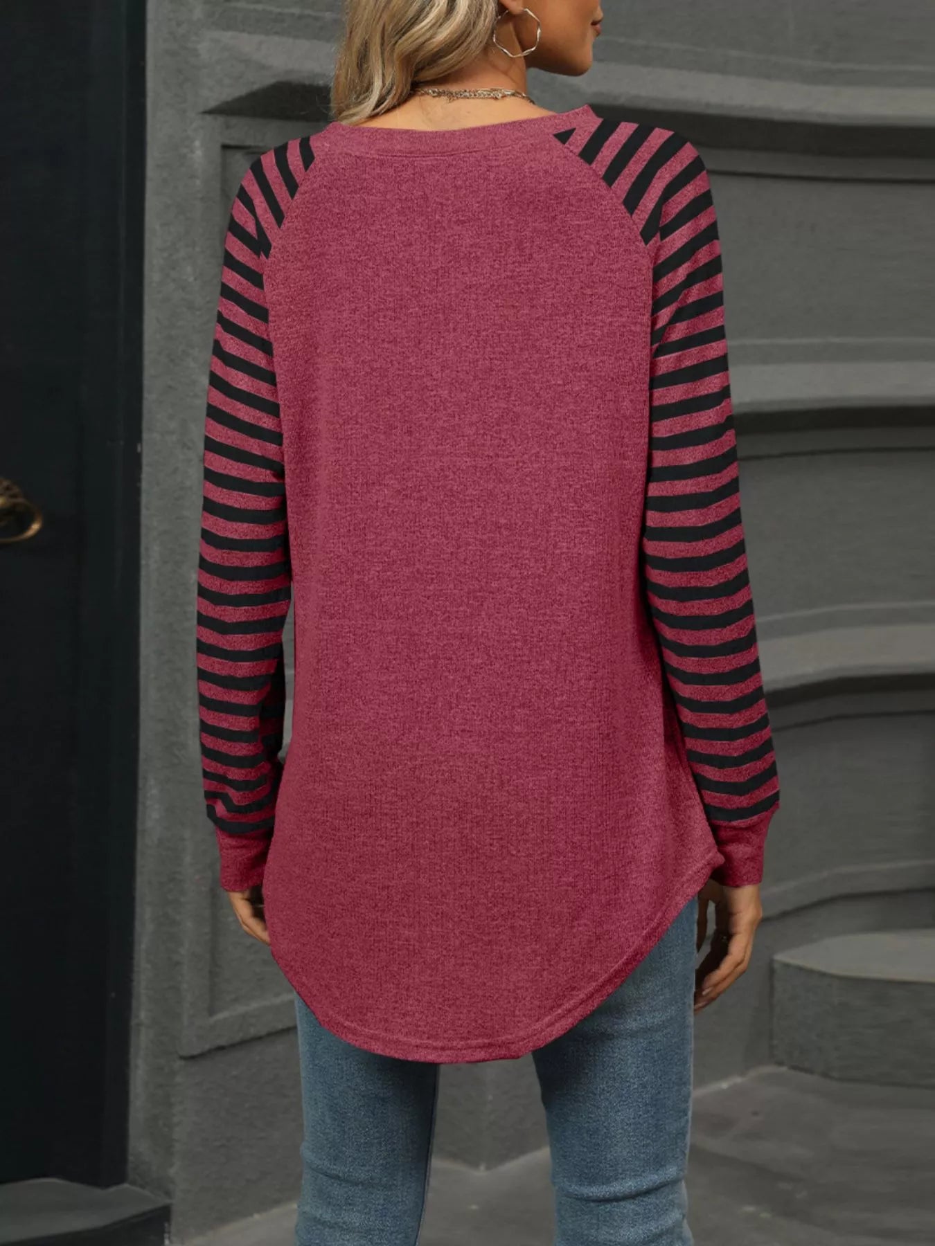 Striped Round Neck Raglan Sleeve T-Shirt - Be Bliss Boutique