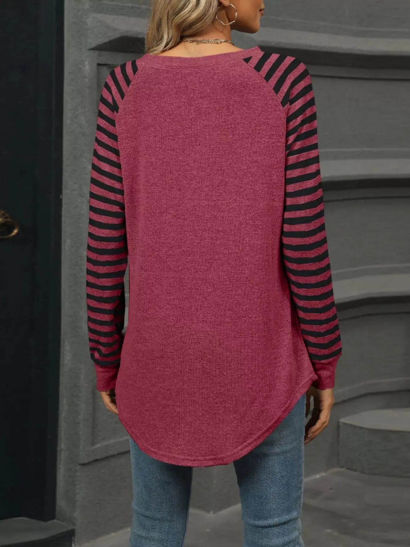 Striped Round Neck Raglan Sleeve T Shirt - Be Bliss Boutique