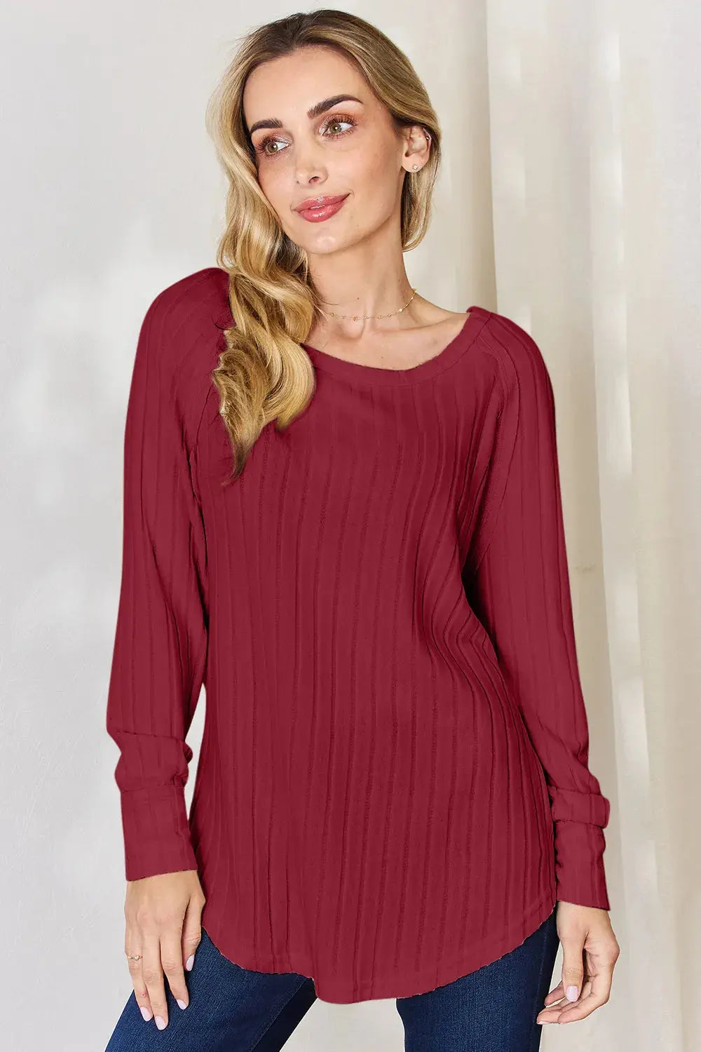 Basic Bae Ribbed Round Neck Slit Womens Long Sleeve T Shirt – Full & Plus Size - Be Bliss Boutique
