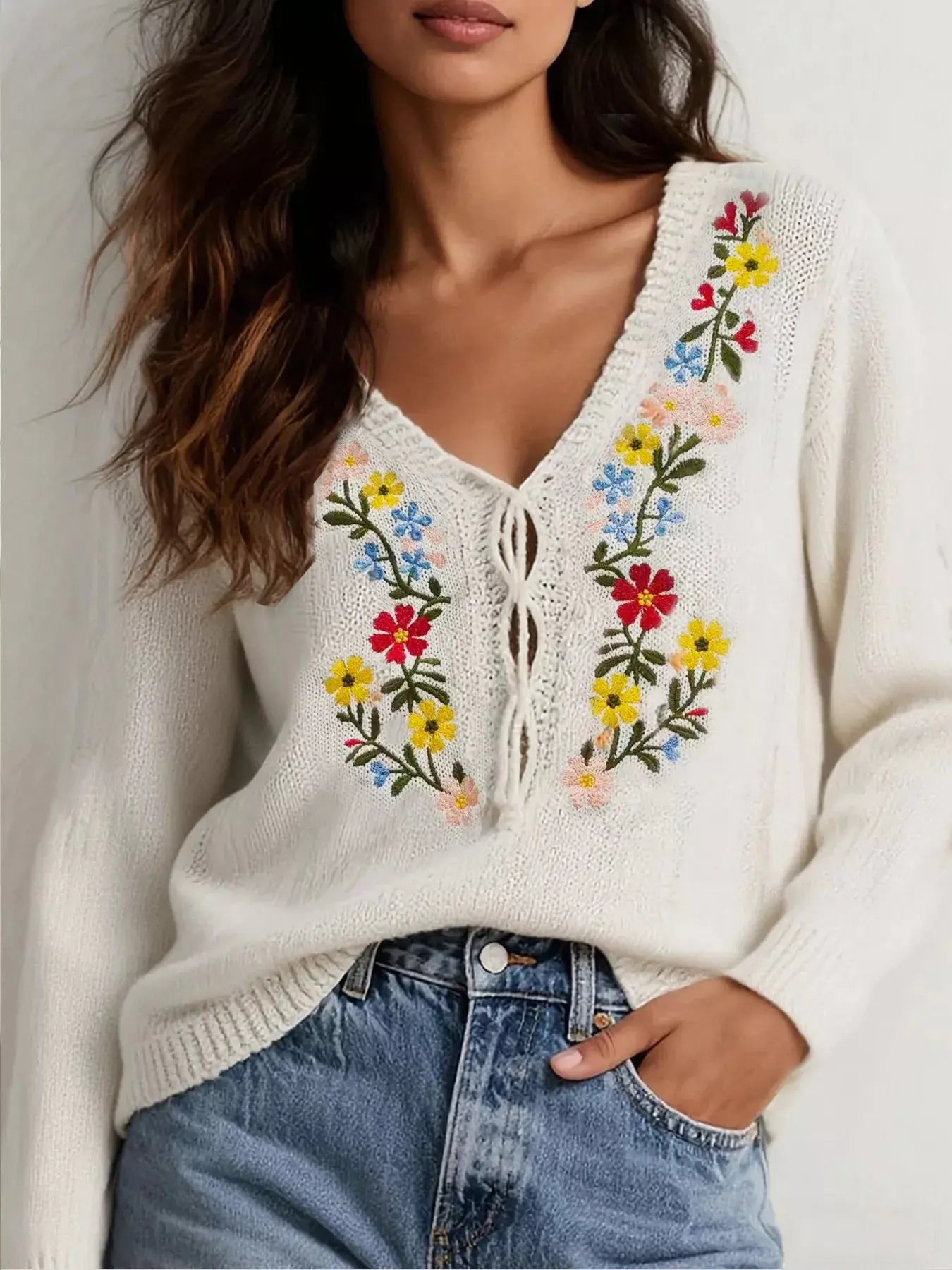 Floral Embroidered V Neck Sweater - Be Bliss Boutique