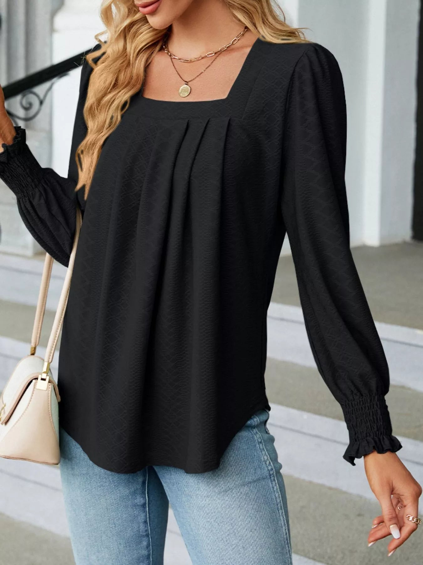 Pleated Square Neck Long Sleeve Top -  Be Bliss Boutique
