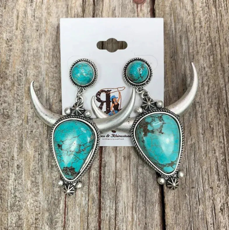 Western Cow Head Turquoise Statement Earrings - Be Bliss Boutique