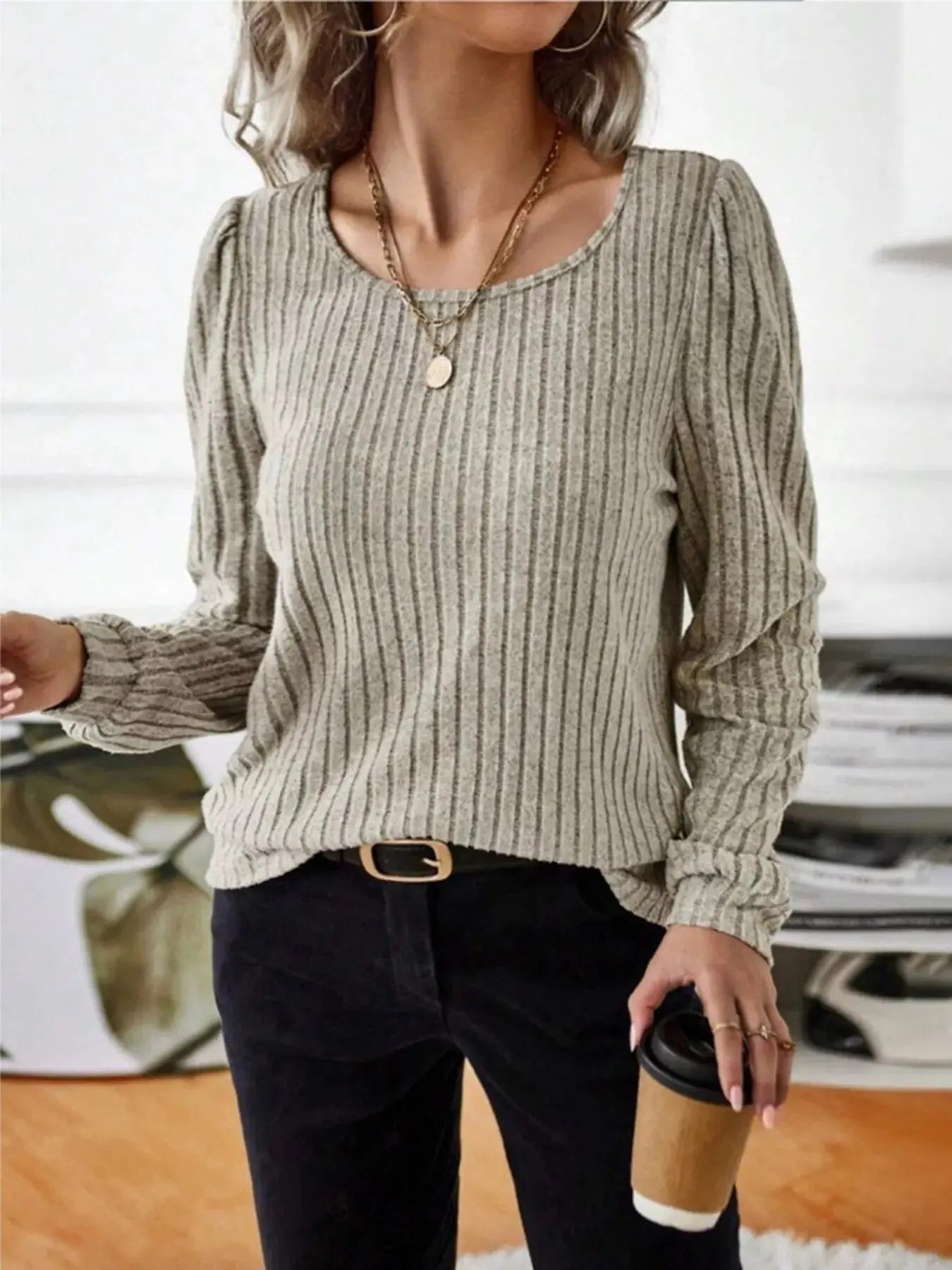 Ribbed Knit Long Sleeve T Shirt - Be Bliss Boutique