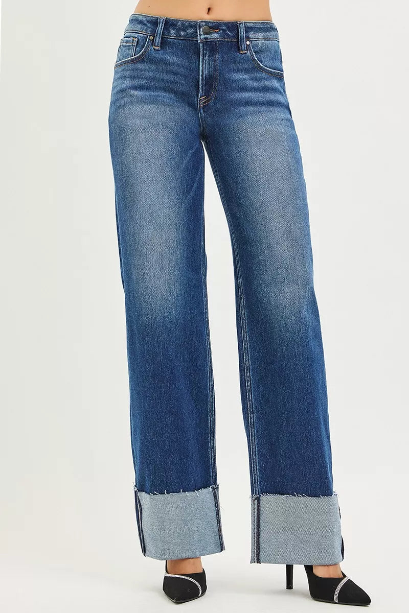 RISEN Jeans - Mid Rise Wide Straight Jeans With Wide Cuff - Be Bliss Boutique