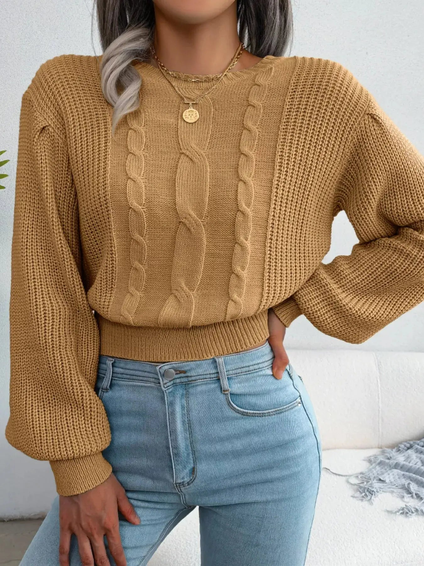 Cable Knit Crew Neck Cropped Sweater - Be Bliss Boutique