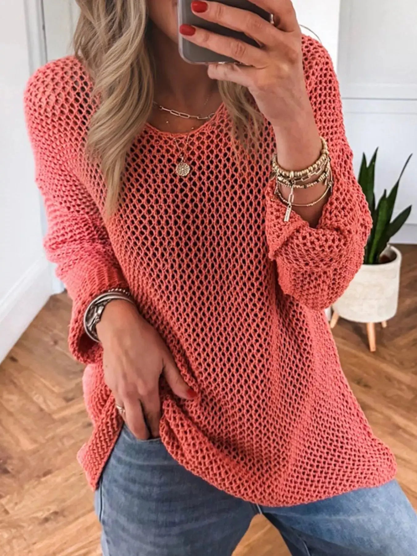 Crochet Hollow Out Long Sleeve Knit Top - Be Bliss Boutique