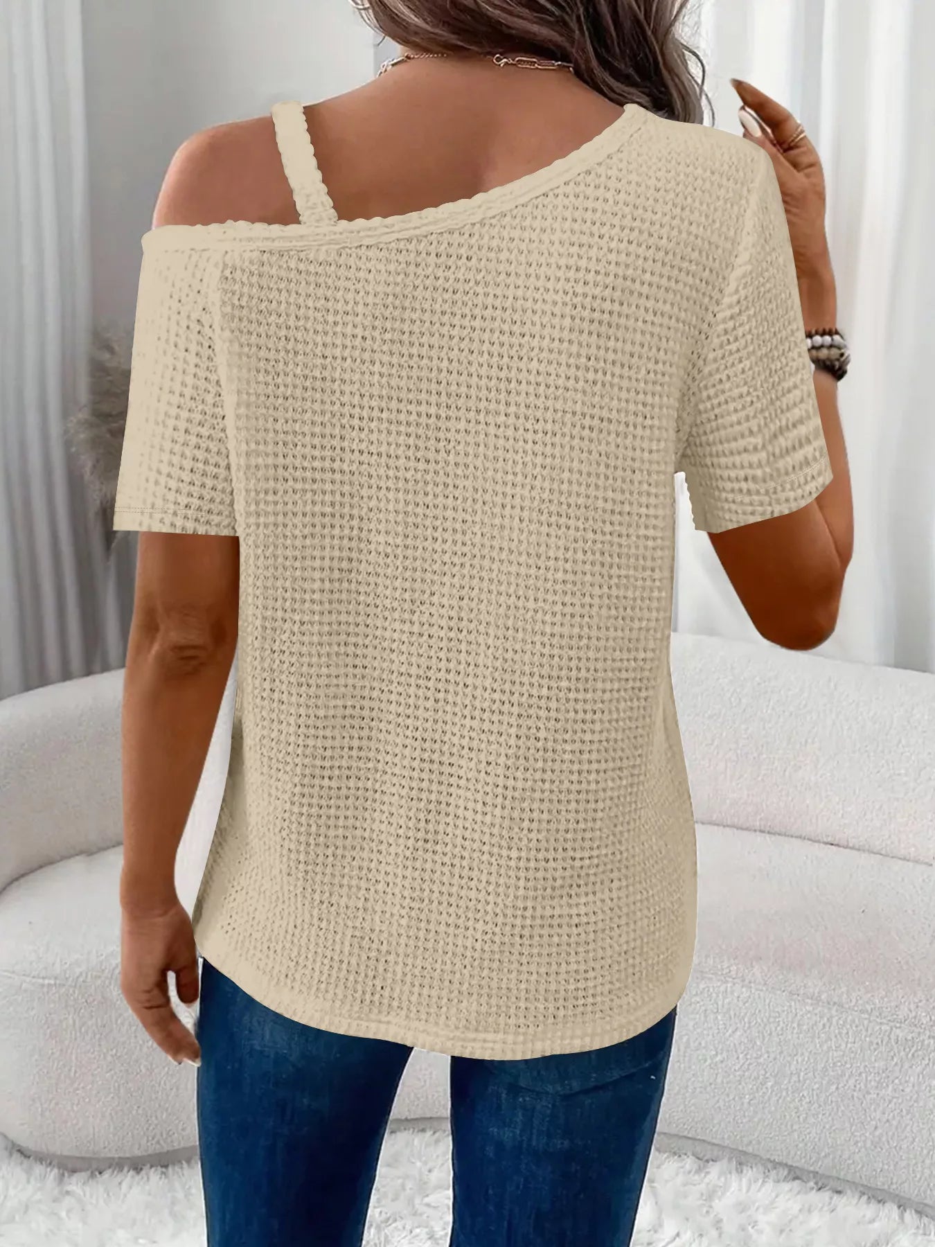 Chain Detail Waffle Knit One Shoulder T Shirt - Be Bliss Boutique