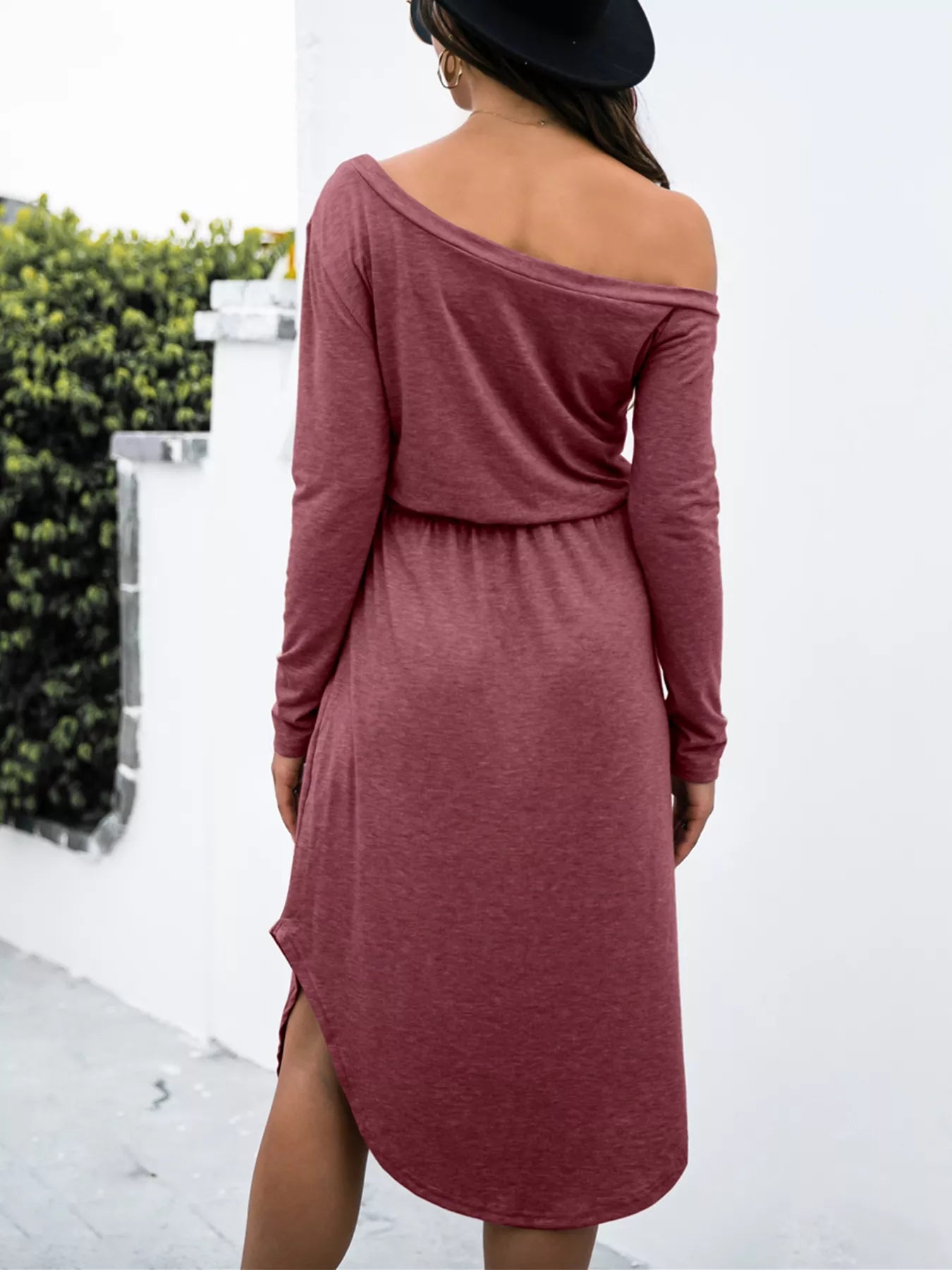 One-Shoulder Long Sleeve Midi Dress with Drawstring Waist - Be Bliss Boutique