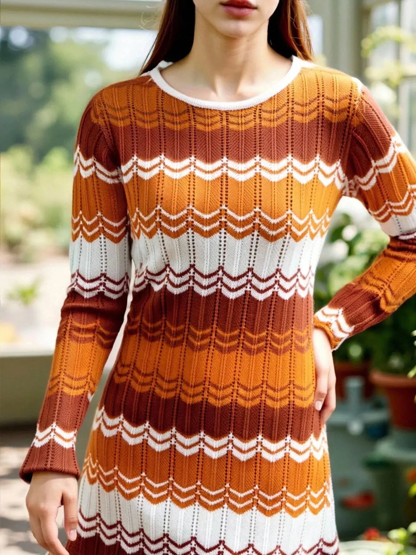 Openwork Wave Pattern Long Sleeve Sweater Dress - Be Bliss Boutique