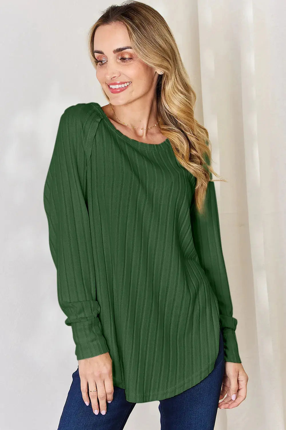 Basic Bae Ribbed Round Neck Slit Womens Long Sleeve T Shirt – Full & Plus Size - Be Bliss Boutique