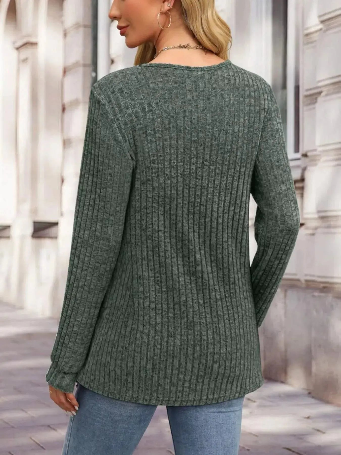 Ribbed Knit Button Front Long Sleeve T Shirt - Be Bliss Boutique