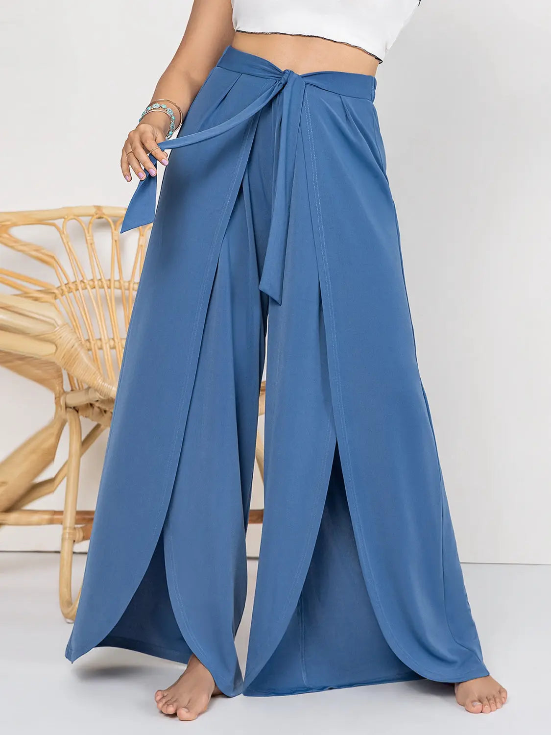 Plus Size Tied Slit Wide Leg Pants - Be Bliss Boutique