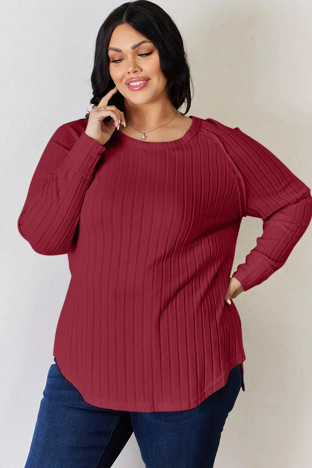 Basic Bae Ribbed Round Neck Slit Womens Long Sleeve T Shirt – Full & Plus Size - Be Bliss Boutique