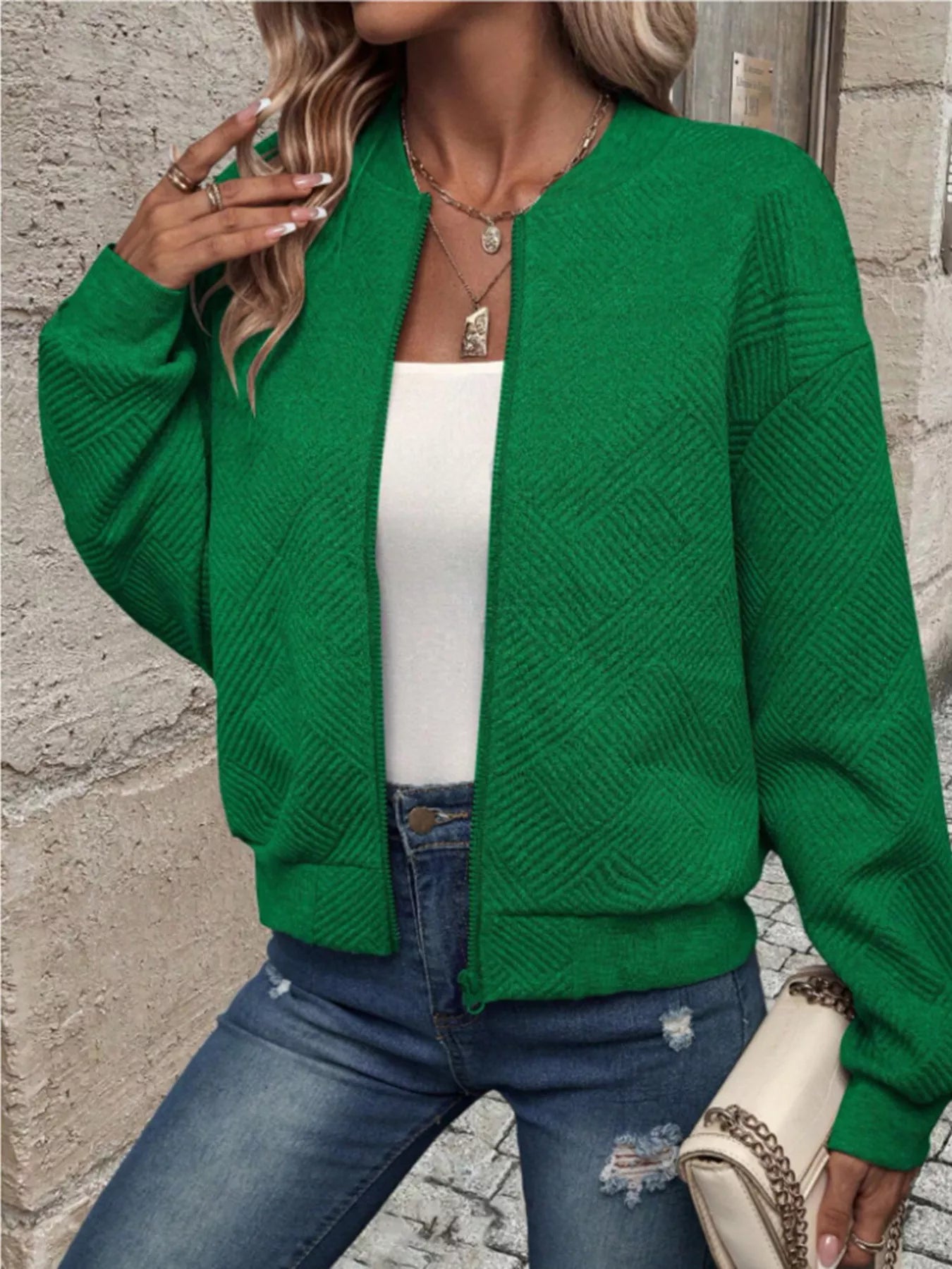Texture Zip-Up Bomber Jacket - Be Bliss Boutique