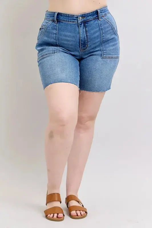 Judy Blue Jeans - Full Size Mid Rise Bermuda Denim Shorts w/ Back Flap Pockets - Be Bliss Boutique