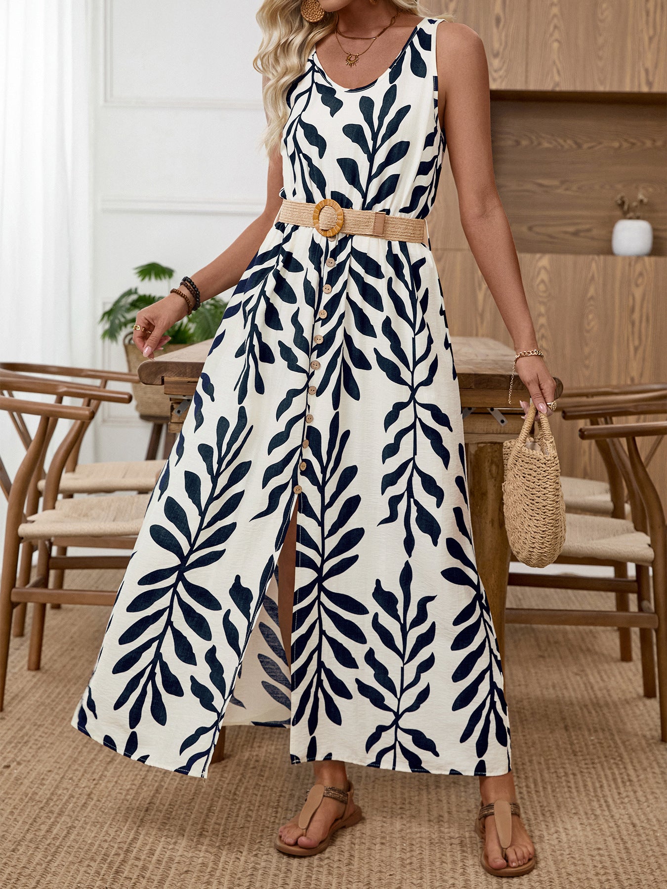 Leaf Print Sleeveless Maxi Dress - Be Bliss Boutique