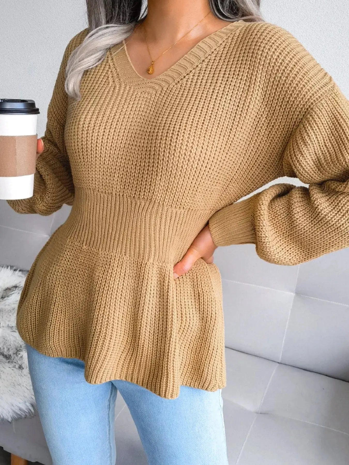 V-Neck Dropped Shoulder Sweater - Be Bliss Boutique