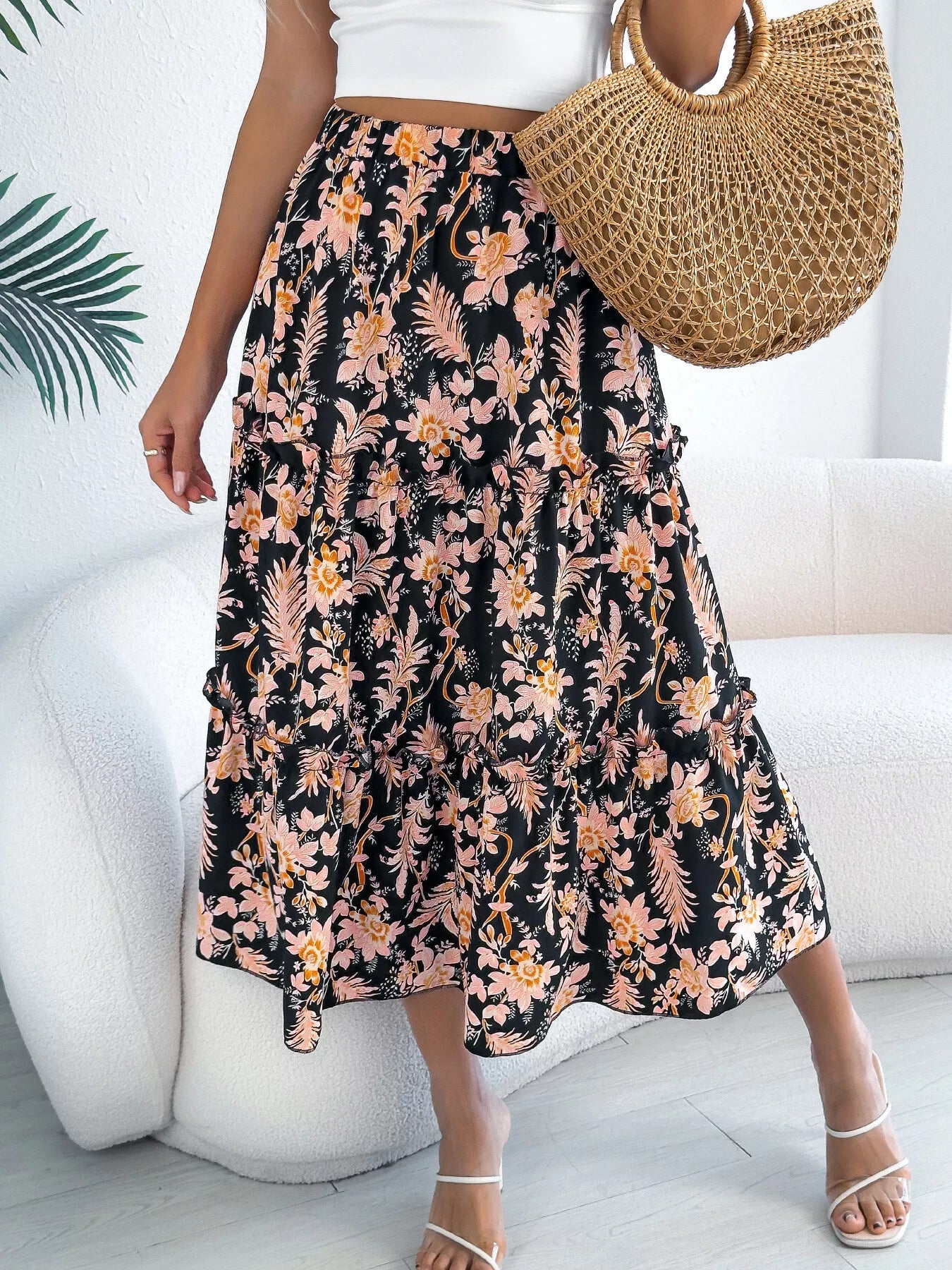 Floral Print Ruffle Hem Flowy Midi Skirt - Be Bliss Boutique