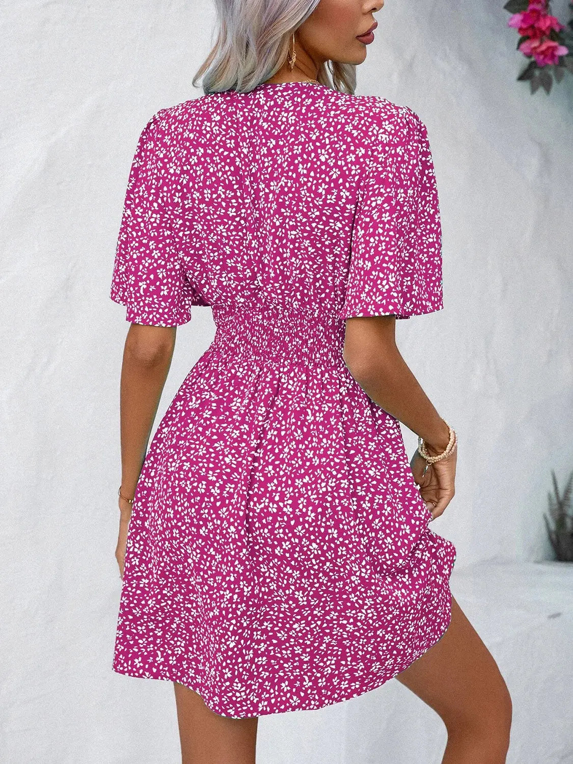 Printed V-Neck Half Sleeve Mini Dress - Be Bliss Boutique
