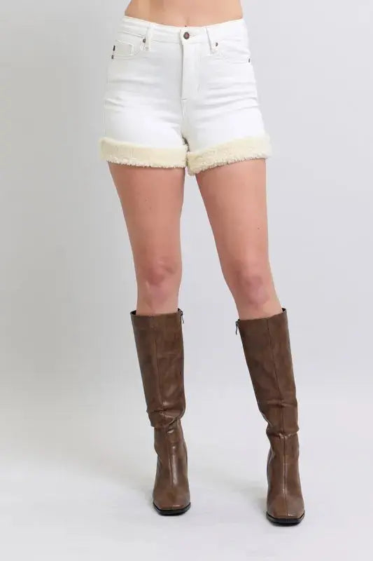 Judy Blue Jeans - Full Size High Waist Shearling Cuff Denim Shorts - Be Bliss Boutique