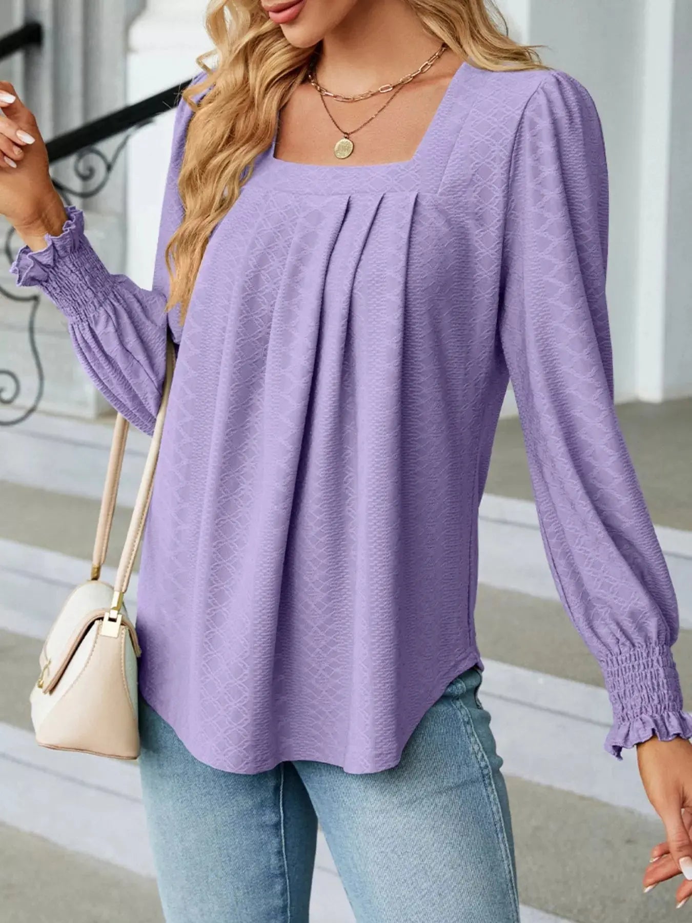 Pleated Square Neck Long Sleeve Top - Be Bliss Boutique
