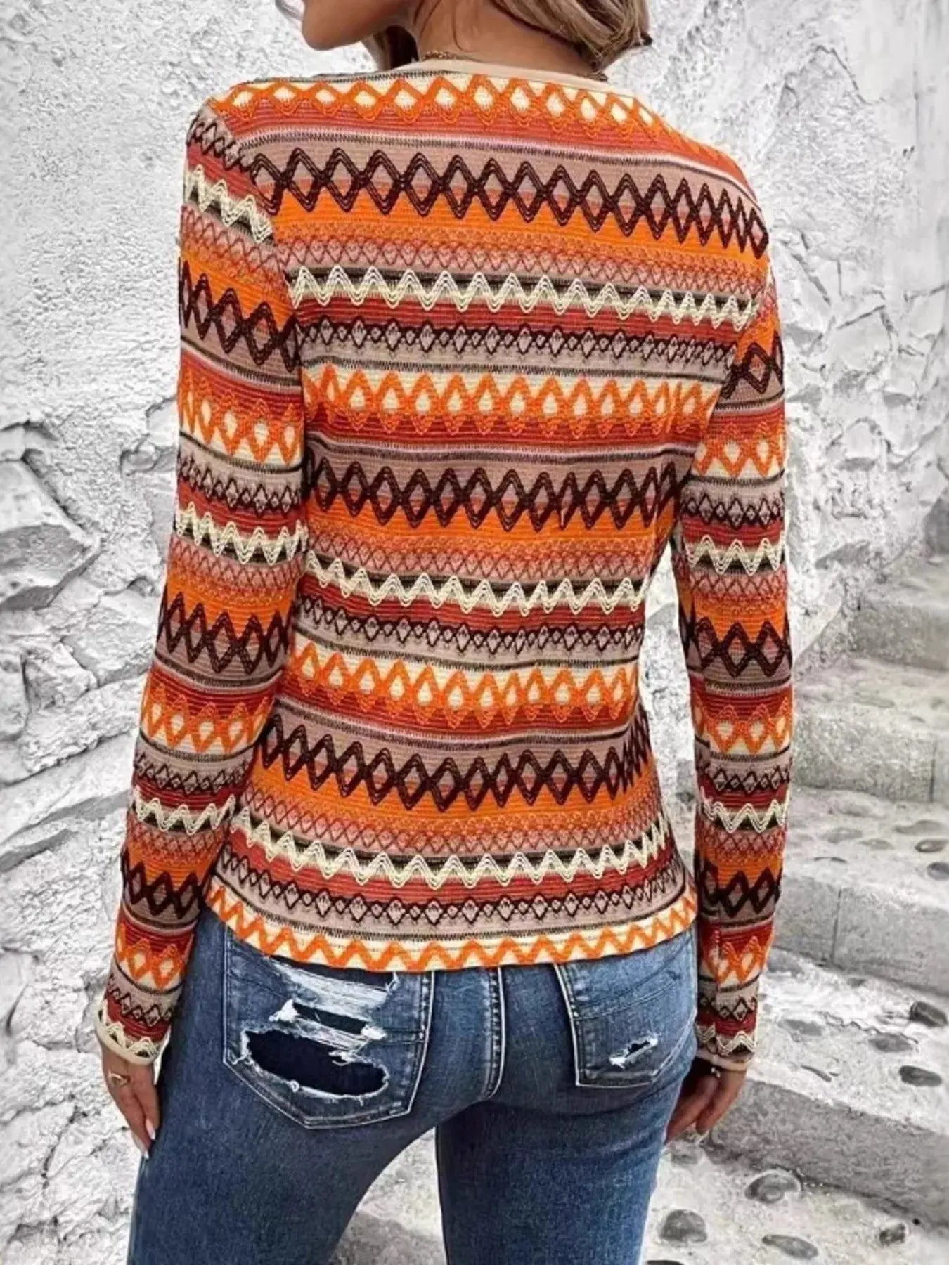 Geometric Pattern Long Sleeve Boho Top - Be Bliss Boutique