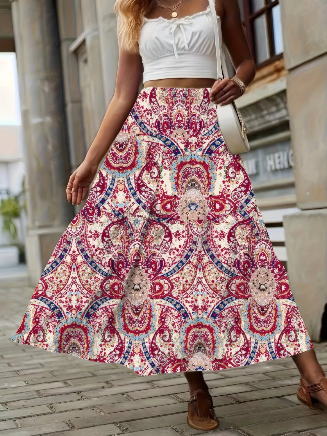 Smocked High Waist Maxi Boho Skirt – Printed Flowy Summer Skirt - Be Bliss Boutique