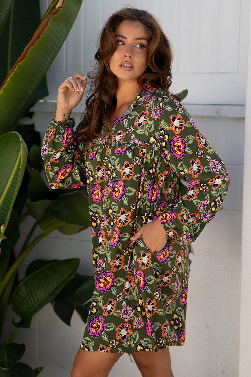 Floral Print Split Neck Bubble Sleeve Mini Dress - Be Bliss Boutique