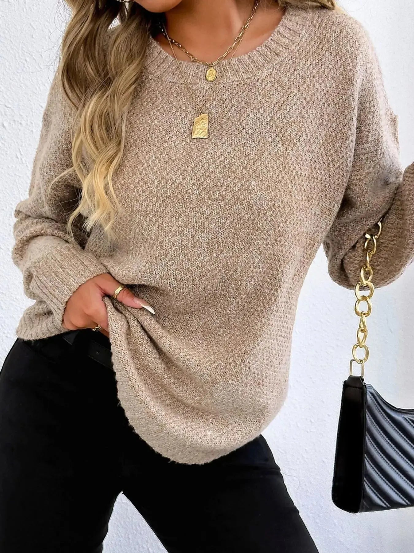 Round Neck Textured Knit Relaxed Fit Sweater - Be Bliss Boutique