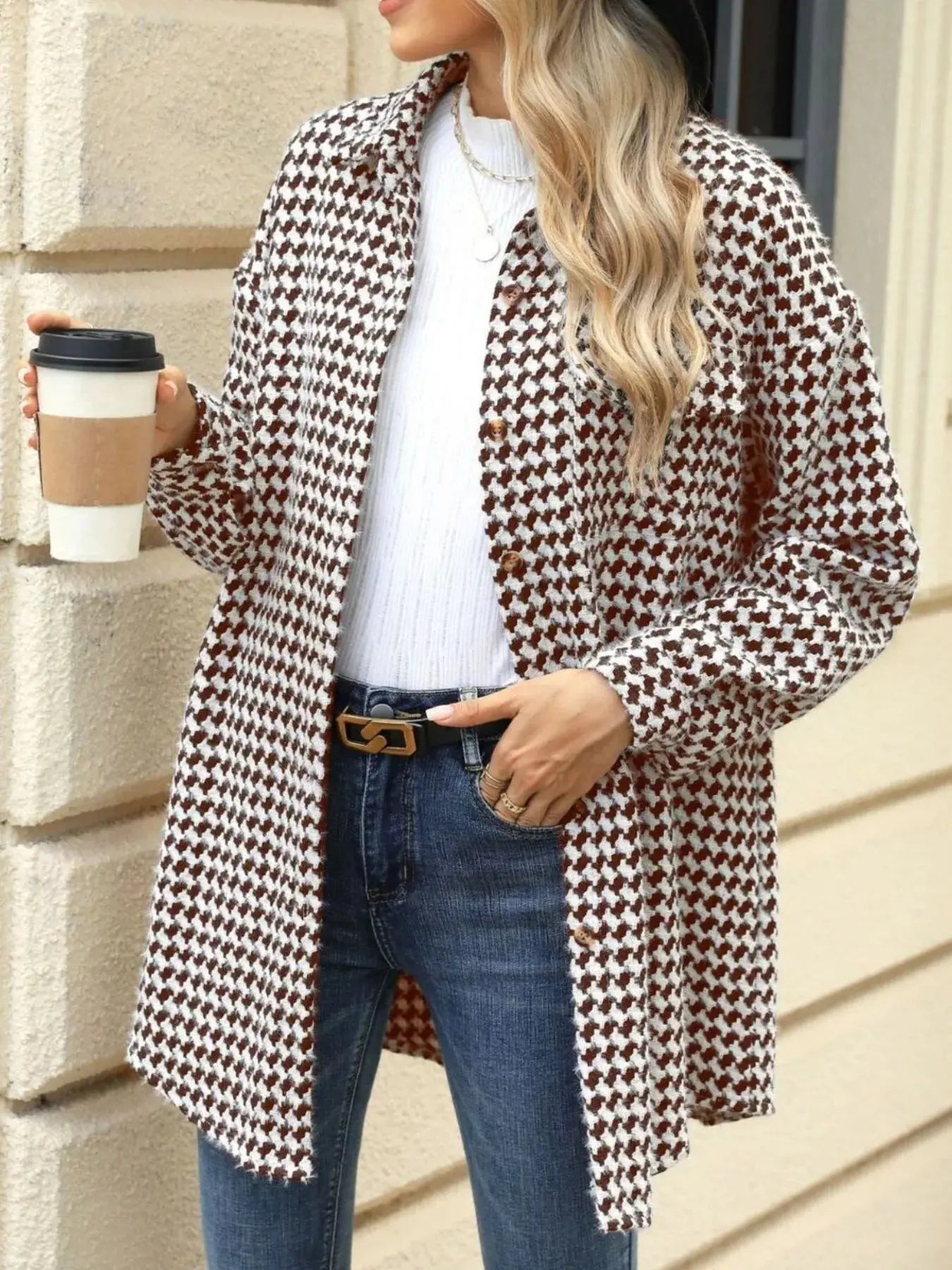 Houndstooth Button Up Long Sleeve Coat - Be Bliss Boutique