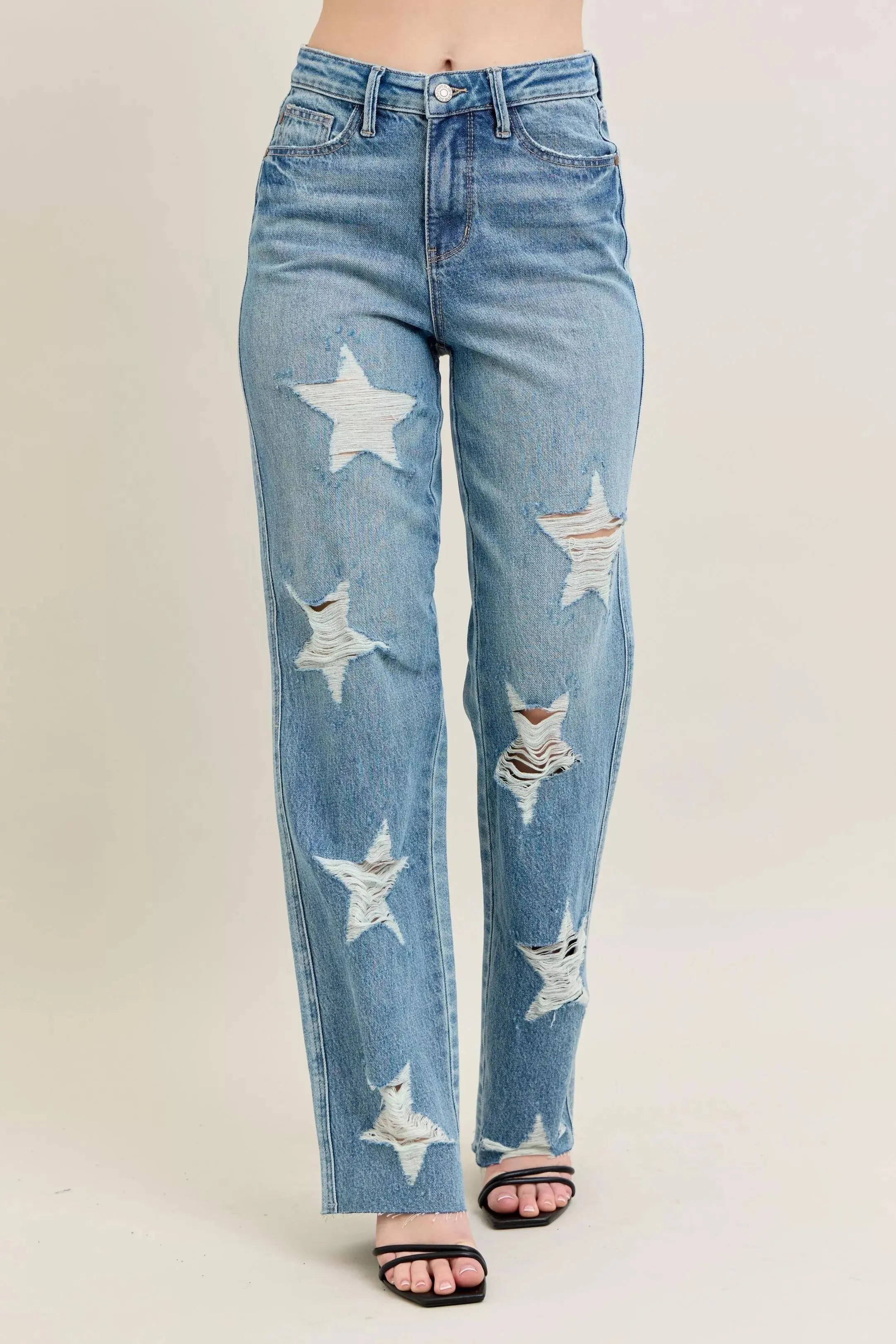 Judy Blue Full Size High Waist Rigid 90's Straight Jeans with Magic Star Shaped Destroy - Be Bliss Boutique