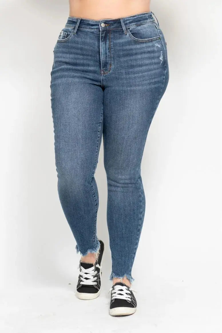 Plus Size High Waist Skinny Judy Blue Jeans with Destroy & Shark Bit Hem - Be Bliss Boutique