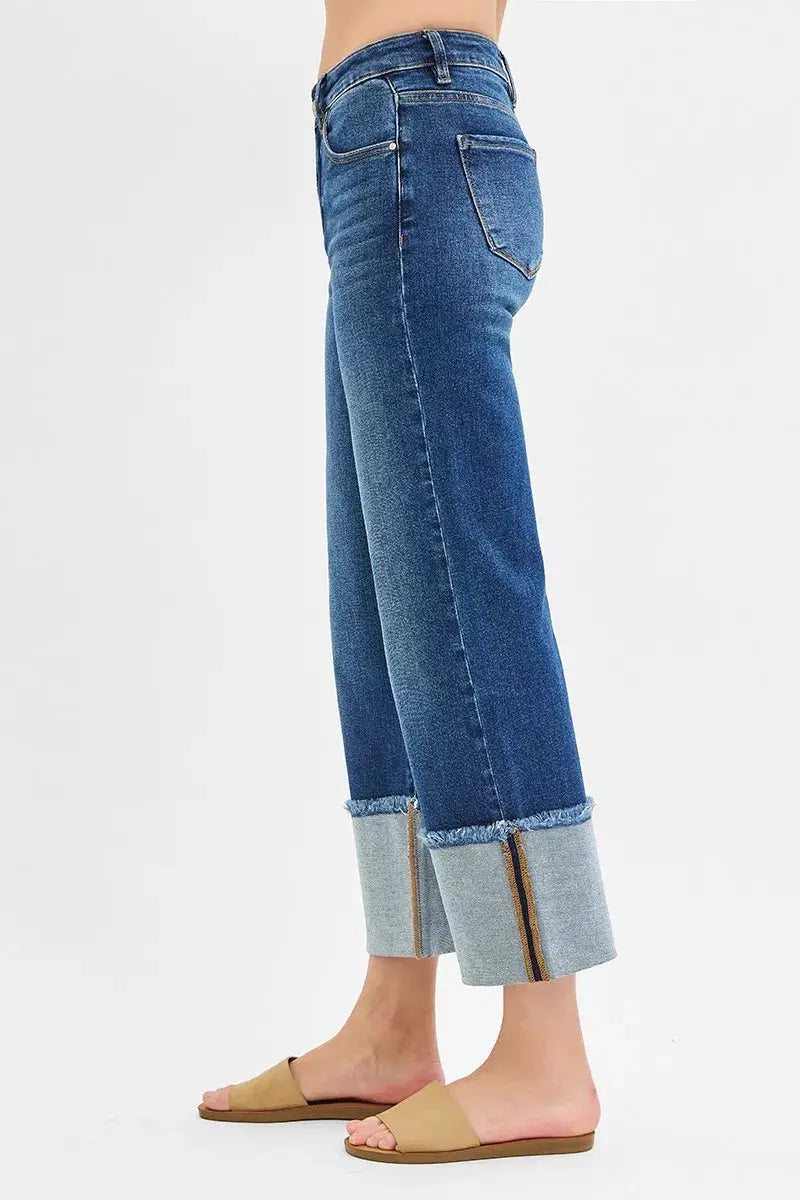 RISEN Jeans - Full Size Mid Rise Crop Wide Wide Cuffed Jeans - Be Bliss Boutique