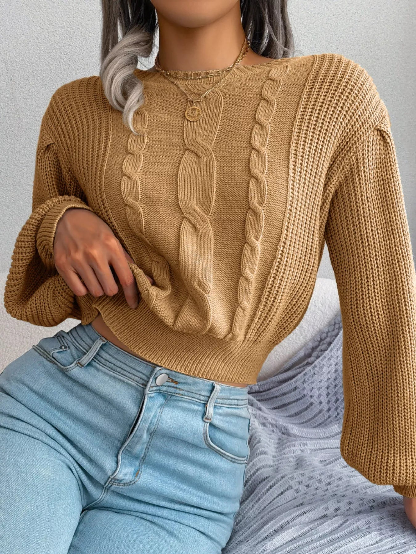 Cable Knit Round Neck Cropped Sweater - Be Bliss Boutique
