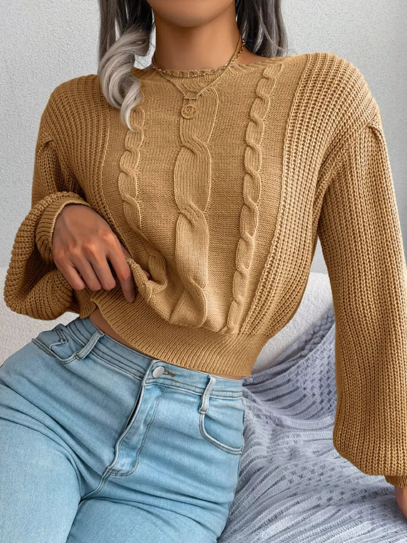 Cable Knit Crew Neck Cropped Sweater - Be Bliss Boutique