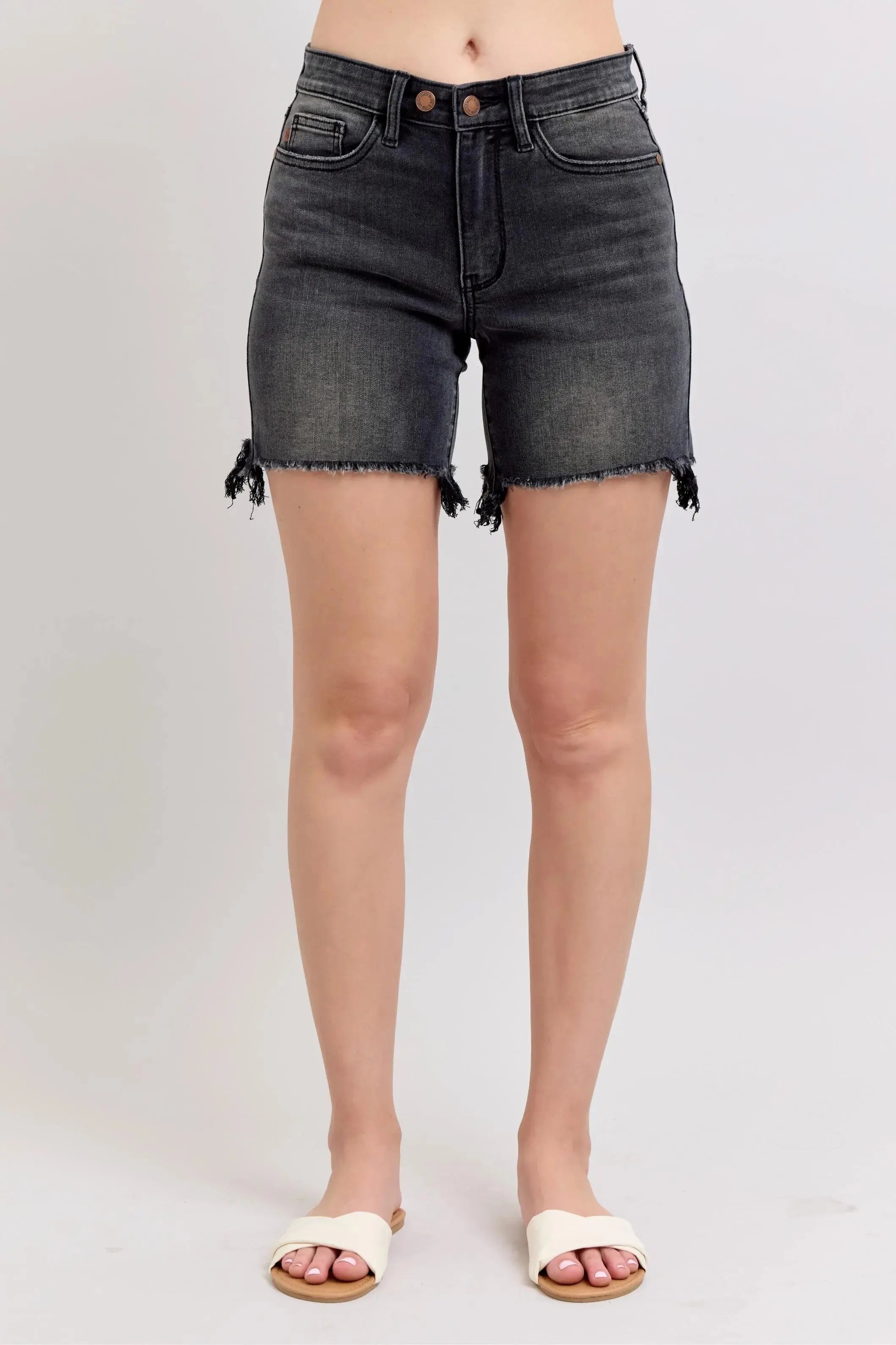 Judy Blue Jeans - Plus Size Long Cut Off 2 Button Dad Denim Shorts - Be Bliss Boutique