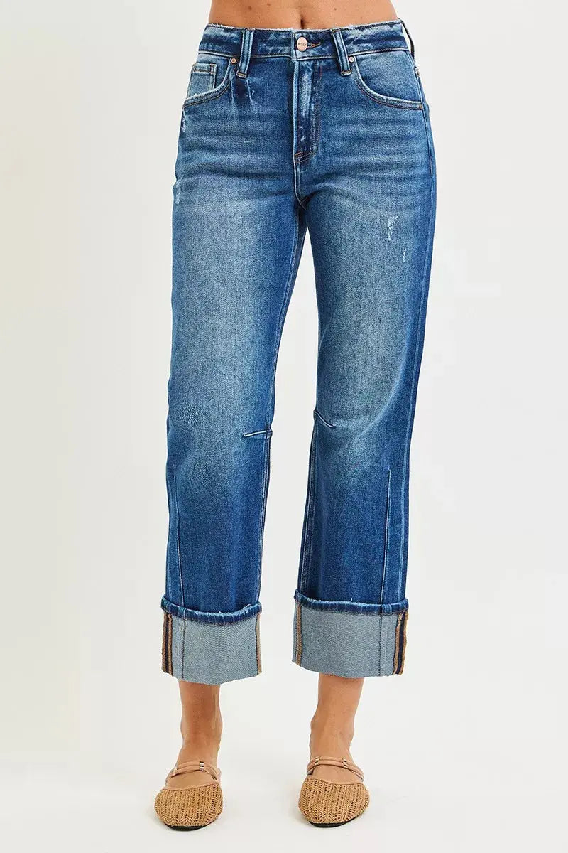 RISEN Jeans - High Rise Straight Jeans with Distressed Hem - Be Bliss Boutique