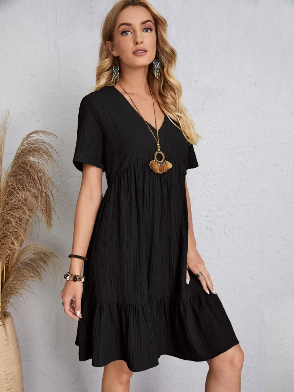 Boho Textured V-Neck Short Sleeve Babydoll Dress - Be Bliss Boutique