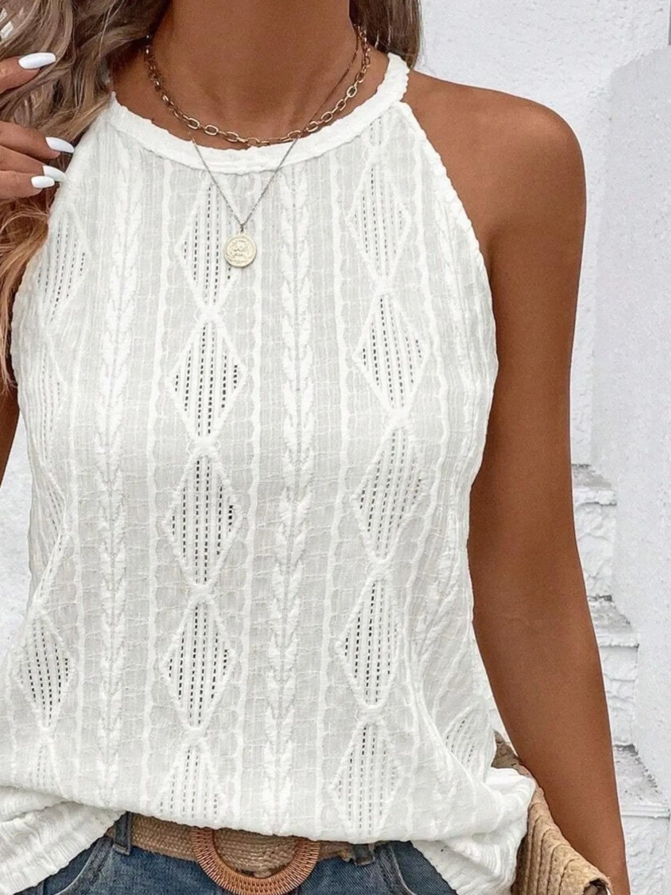 Round Neck Eyelet Textured Tank Top - Be Bliss Boutique