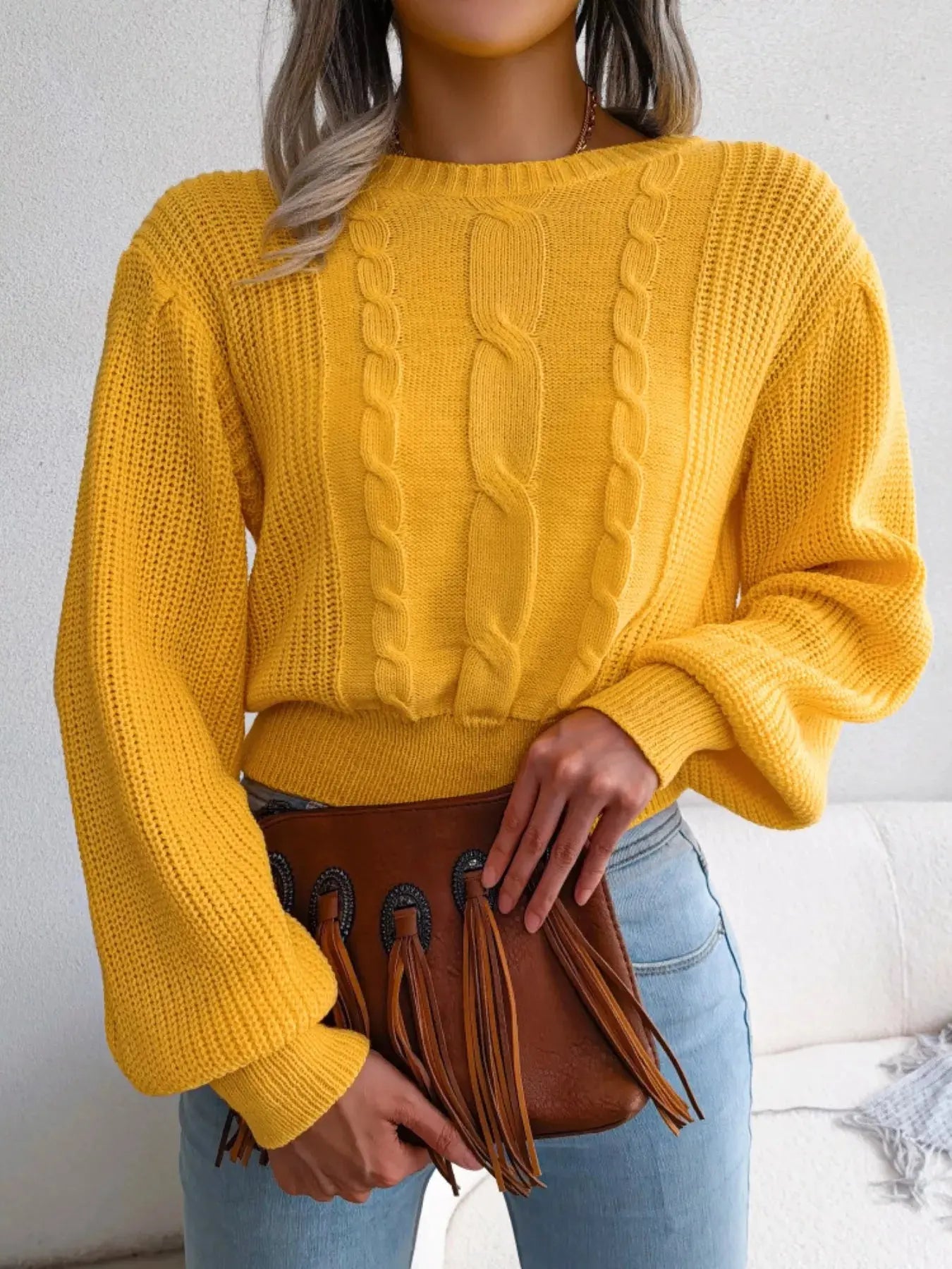 Cable Knit Crew Neck Cropped Sweater - Be Bliss Boutique