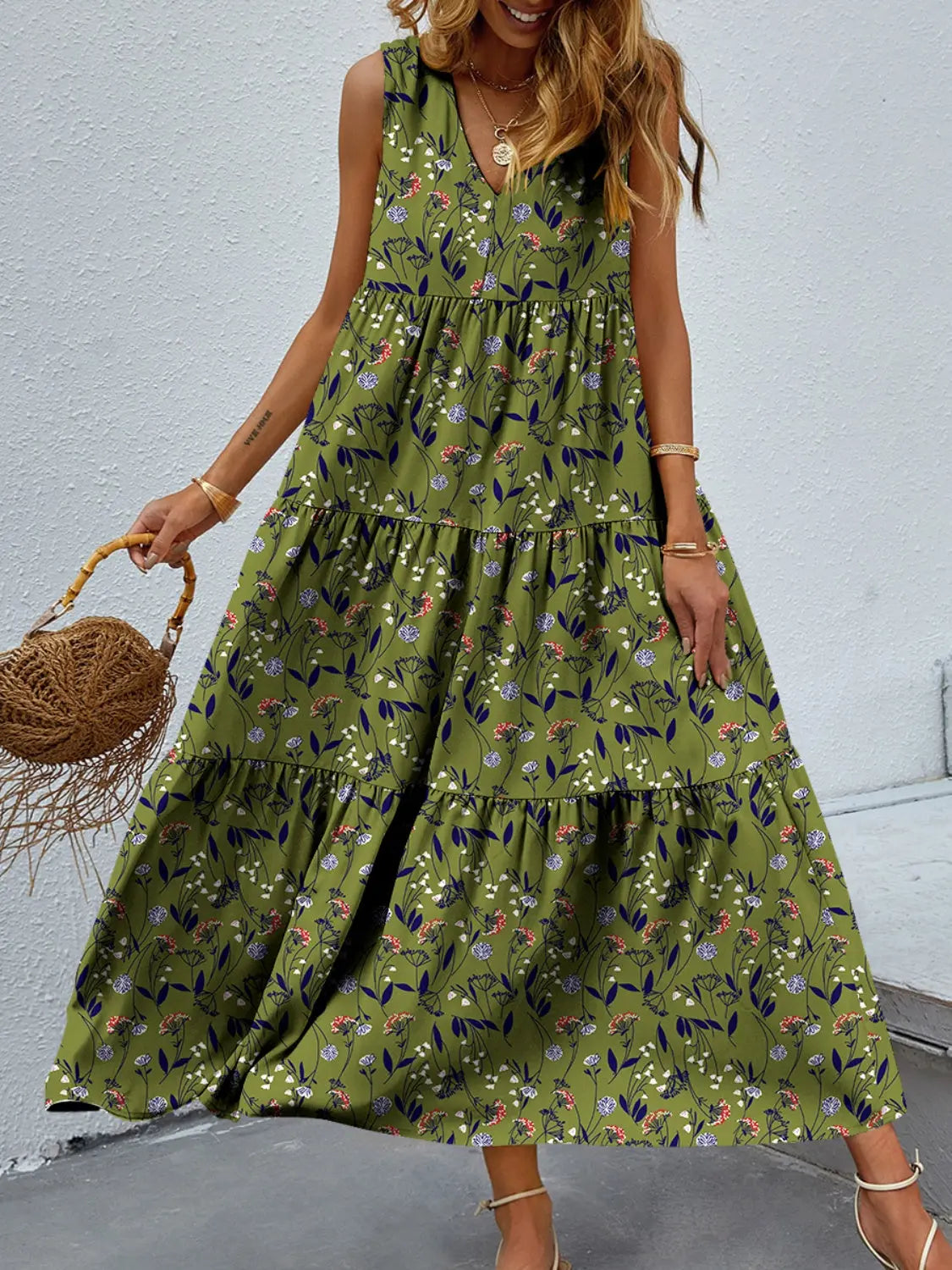 Tiered Printed V-Neck Sleeveless Dress - Be Bliss Boutique