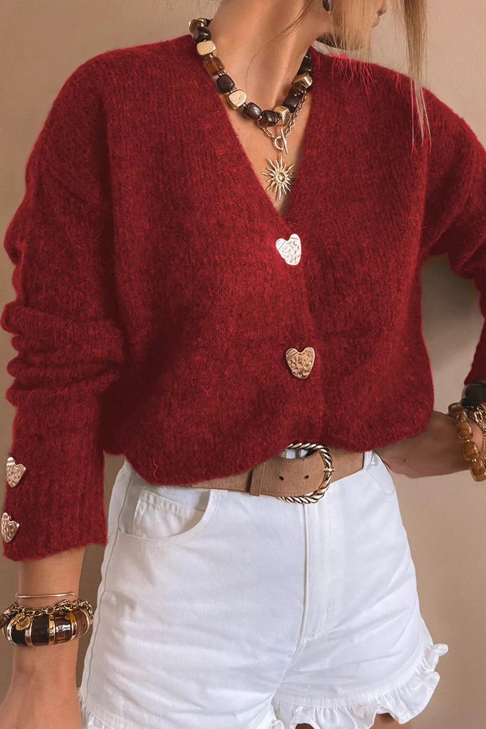 Heart Button Fuzzy Knit Cardigan - Be Bliss Boutique