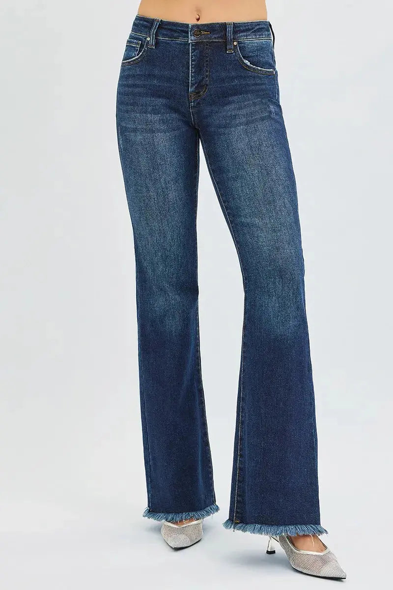 RISEN Jeans - Plus Size Tummy Control Mid Rise Flare Jeans with Raw Hem - Be Bliss Boutique