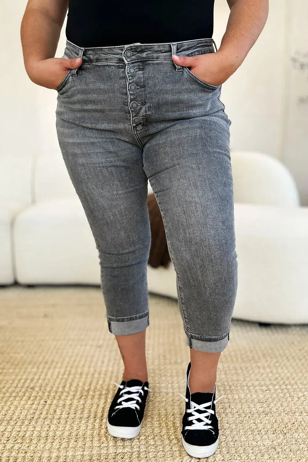 Judy Blue Jeans - Full Size Button Fly High Waist Cuffed Capris - Be Bliss Boutique