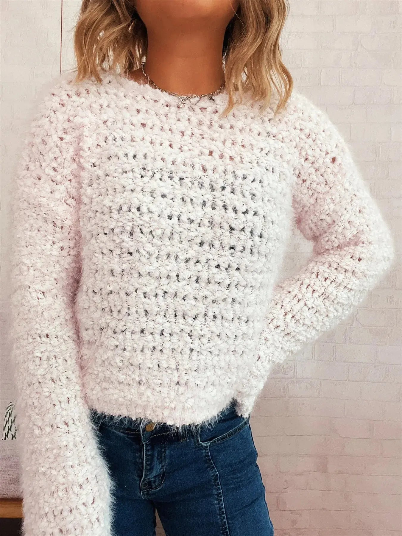 Crochet Dropped Shoulder Round Neck Sweater - Be Bliss Boutique