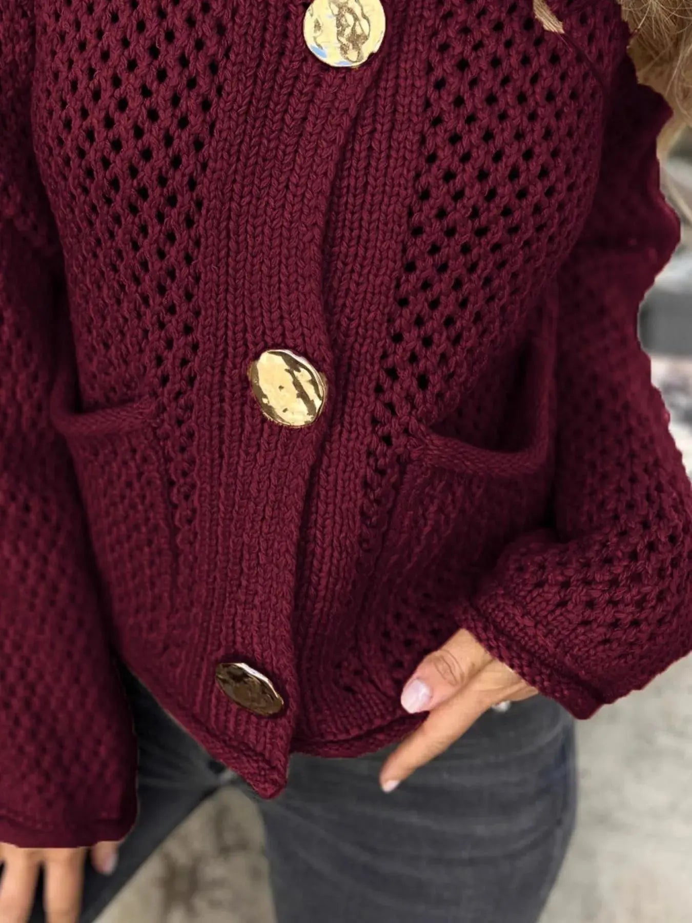 Crochet Button Up Long Sleeve Cardigan - Be Bliss Boutique