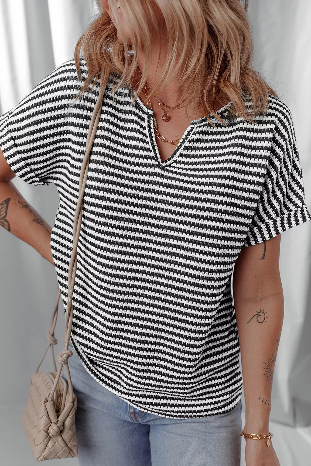Stripe Textured Knit Notched Neck Cuffed Short Sleeve Shirt - Be Bliss Boutique