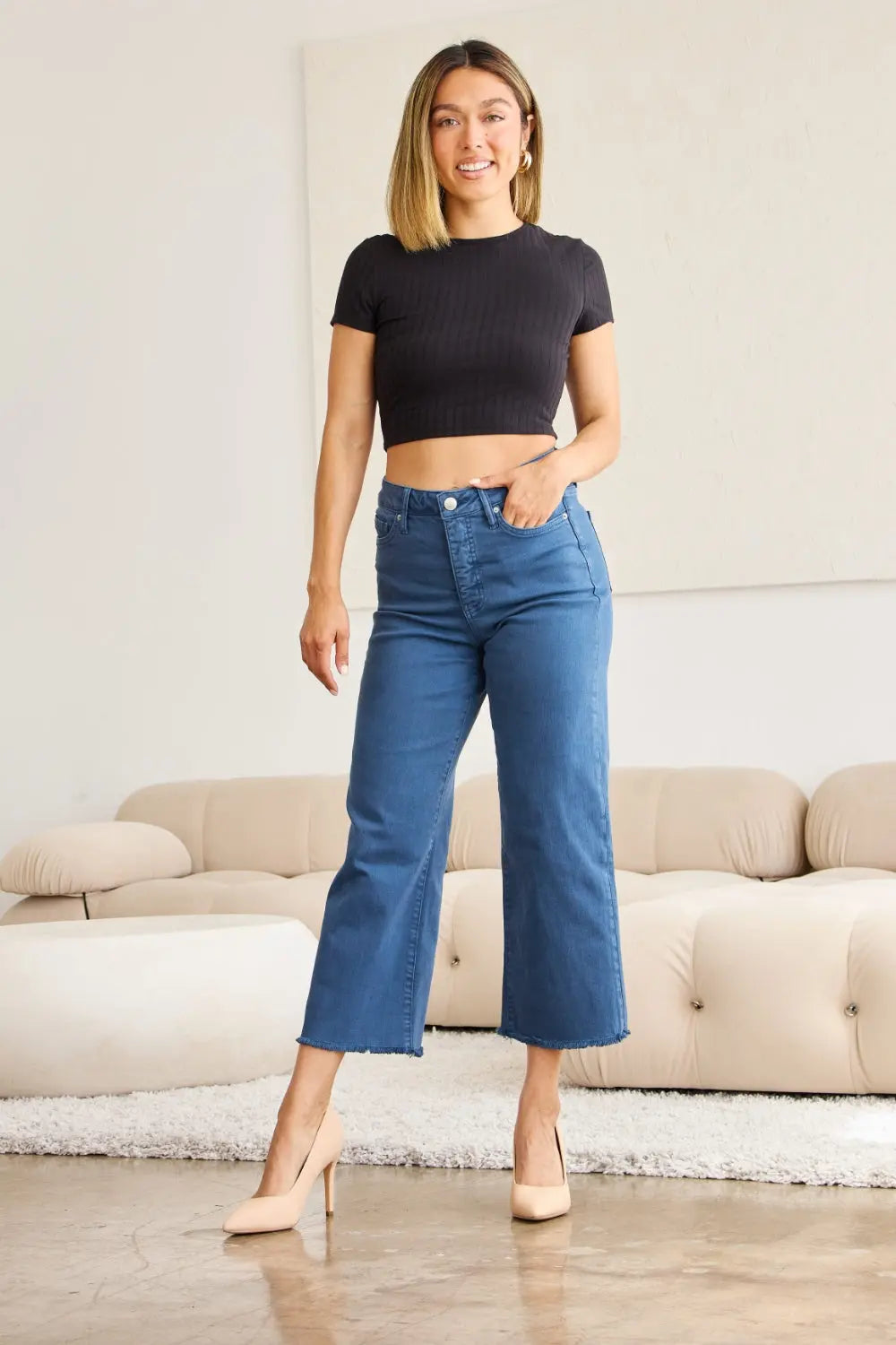 RFM Crop Full Size Tummy Control High Waist Raw Hem Jeans - Be Bliss Boutique