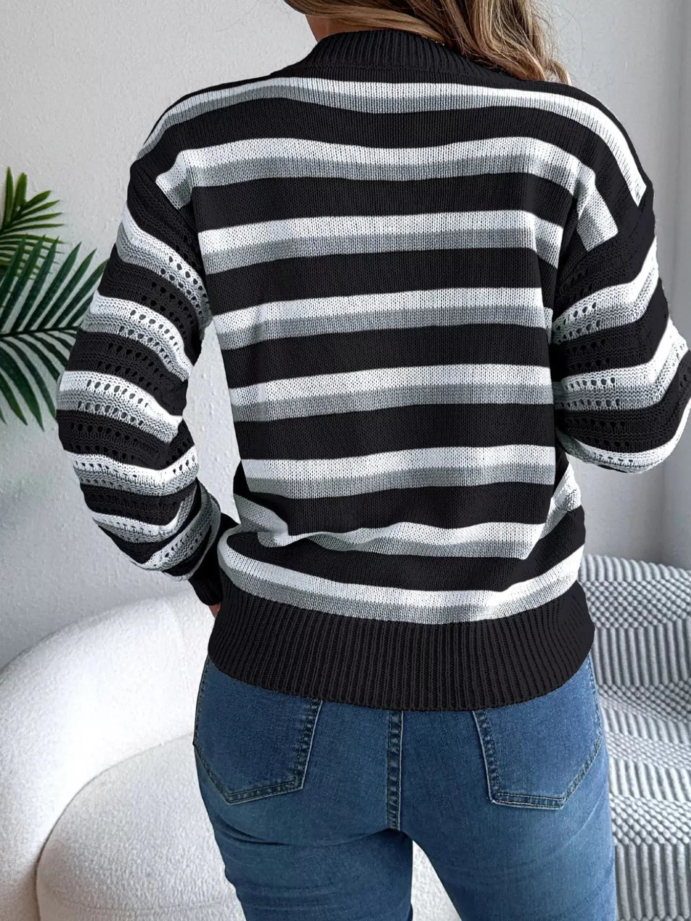 Round Neck Striped Long Sleeve Sweater - Be Bliss Boutique
